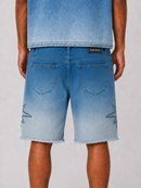 Rare Peace denim shorts with rhinestone patch, featuring a rare self patch design in MD. tint on stylish distressed denim.