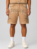 Rare Peace Rhinestone denim shorts in wheat color with a rare self patch, featuring rhinestone embellishments and a casual fit.