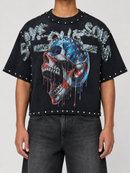 Black RARE PEACE Save Our Souls oversized rhinestone cropped T-shirt with bold graphic design and relaxed fit.