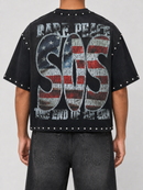 Black Rare Peace 'Save Our Souls' oversized rhinestone cropped T-shirt, back view showing stylish design and fit.