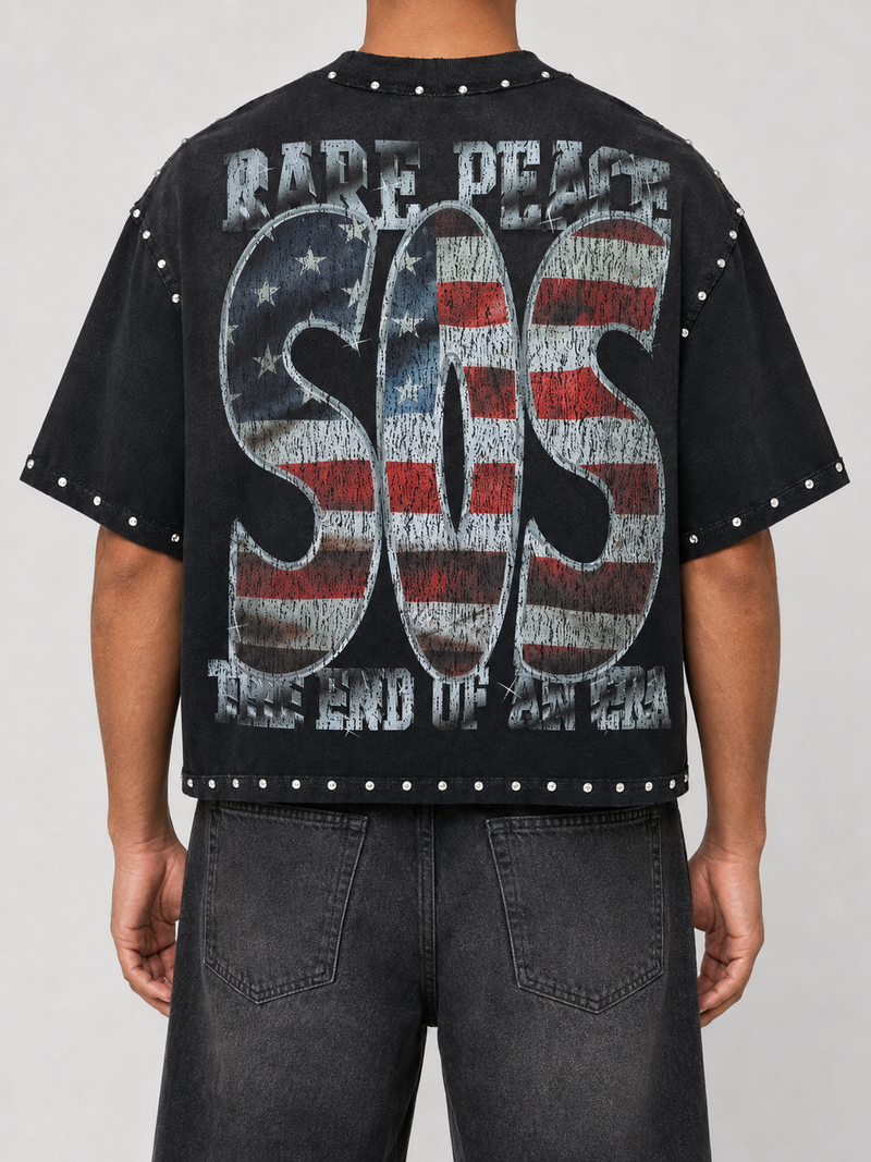 Rare Peace 'Save Our Souls' Oversized Rhinestone Cropped T-Shirt