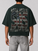 Rare Peace oversized pine green T-shirt with "Save Our Souls" rhinestone design, cropped style, casual streetwear look.