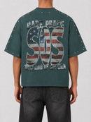Rare Peace oversized pine green rhinestone cropped T-shirt with "Save Our Souls" graphic, casual streetwear style.