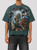 Rare Peace oversized pine green rhinestone cropped T-shirt with "Save Our Souls" graphic, stylish and bold for casual wear.