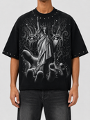 Black oversized Rhinestone Statue of Liberty T-shirt by RARE PEACE featuring a bold graphic design.