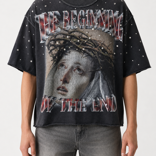 Rare Peace 'The Beginning Of The End' Oversized Rhinestone Cropped