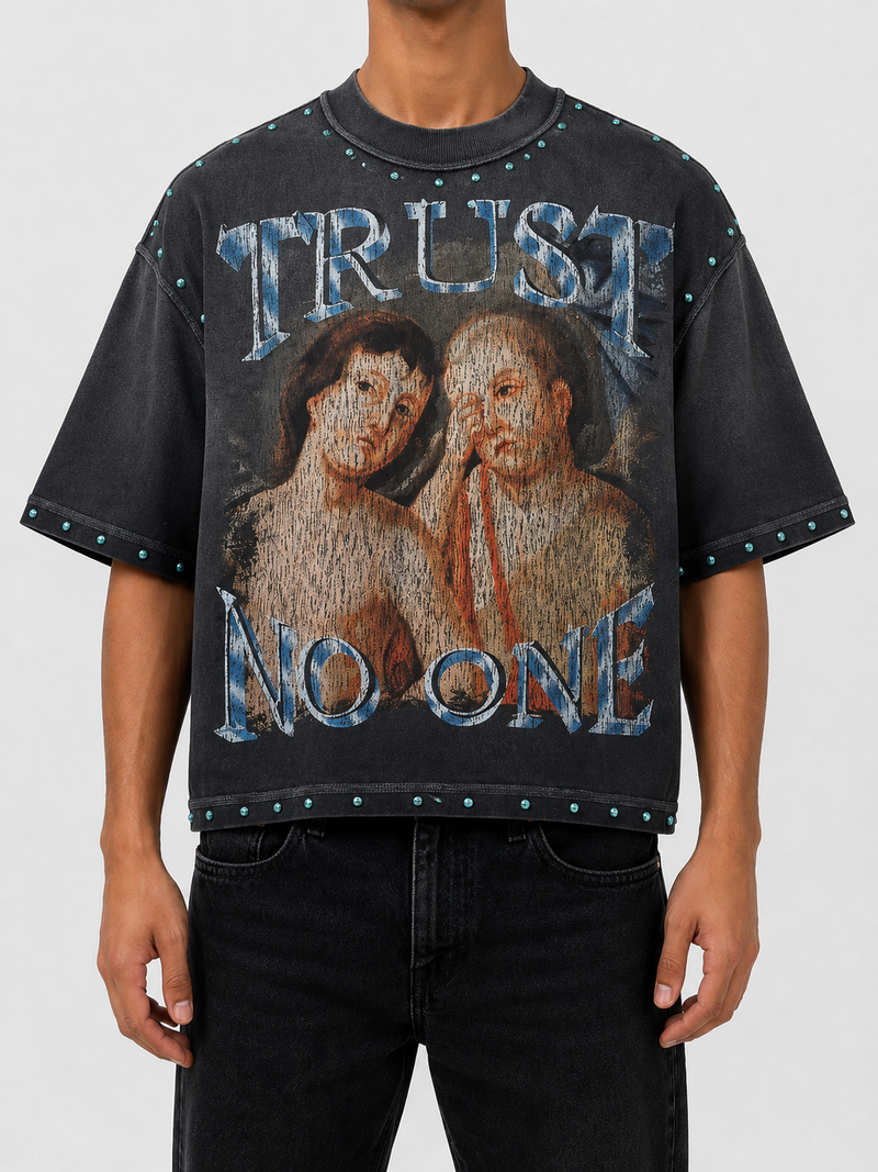 Rare Peace 'Trust No One' Oversized Rhinestone Cropped T-Shirt (Dk