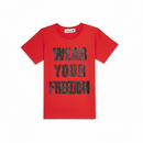 Red t-shirt with 'WEAR YOUR FREEDOM' text on a white background