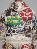 RARE PEACE Graffiti Doodle all-over print oversized zip-up hoodie in ecru, rear view