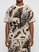 Cream Rebel Minds Conquer Rhinestone Tapestry T-Shirt with bold graphic design and rhinestone accents, casual fit for everyday wear