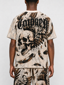 Cream Rebel Minds Conquer Rhinestone Tapestry T-Shirt with bold graphic design, casual fit, and stylish rhinestone accents.