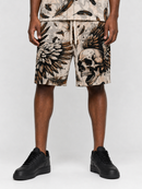 Rebel Minds 'Conquer' tapestry shorts in cream with intricate design, casual fit, and branded logo on the front.