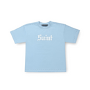 Light blue t-shirt with white logo on a white background