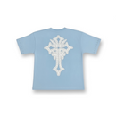 Light blue t-shirt with a white decorative cross on the back against a white background