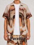 Rebel Minds Paradise tapestry shirt in khaki, featuring intricate tapestry design on a casual tee front view.