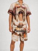 Rebel Minds Paradise tapestry shirt in khaki, featuring detailed tapestry print on casual tee for men.