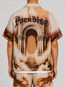 Rebel Minds Paradise tapestry shirt in khaki, men's tee featuring vibrant tribal-inspired design and comfortable fit.