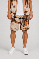 Rebel Minds Paradise tapestry shorts in khaki with colorful tribal pattern, casual fit, and drawstring waist.