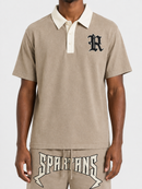 Rebel Minds Spartans Washed Polo T-Shirt in taupe, men's casual tee with a classic collar and subtle Spartan logo detail.