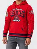 Red Pro Standard San Francisco 49ers hoodie with team badge, featuring fleece material and a comfortable fit.