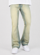 A pair of light-wash, faded blue jeans with a subtle vertical flare, styled with a white t-shirt and white sneakers against a light gray studio background.