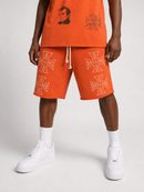 Orange Rolling Loud 'Speed Demon' shorts with bold graphic design, casual athletic style, and comfortable fit.