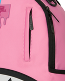 Close-up of a pink backpack with black zippers, a vertical zippered pocket, and a pink logo patch on the upper left.