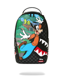 A Sprayground x Disney backpack available at fresh n fitted featuring Goofy in front of a shark mouth graphic on a black checkerboard background, with a top handle and a small Disney logo near the bottom right.