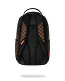 A black backpack with brown checkerboard patterned side panels, shown from the back on a white background with a soft shadow underneath.