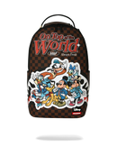 A Spraycraft M&F on Top of the World backpack featuring a brown and black checkered pattern, a large cartoon character sticker graphic of Mickey, Minnie, Donald, Daisy, Goofy, and Pluto, and the 'M&F Always Fresh' logo.