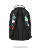 Back view of a black backpack with holographic iridescent side panels and a small red brand tab, shown on a white background.