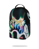 A Sprayground backpack featuring a vibrant, multicolored holographic graphic print with cartoon characters and a black base, shown on a clean white background.