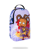 A purple sprayground backpack featuring a colorful graffiti-style print with a cartoon girl, blue paint splatters, and a black top handle, shown on a white background with a soft shadow underneath.