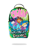 A colorful sprayground backpack available at fresh n fitted featuring a cartoon graphic of four children with graffiti-style text reading 'SULIN' and 'BESTEST FRIENDS!'. The backpack has a black top handle, black side straps, and a bright multicolor print with green, blue, pink, purple, and yellow tones on a white background.