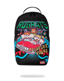 A black Sprayground backpack available at fresh n fitted featuring a colorful 'Rugrats Forever Young' graphic print with Tommy, Chuck, Daniel, and Phil on a red convertible car, set against a plain white background.
