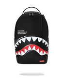 Black backpack with shark mouth design and visible branding on a white background