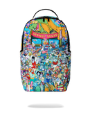 A Sprayground backpack featuring a dense, colorful cartoon illustration of SpongeBob SquarePants characters and scenes, with a green dinosaur and the words 'SPONGE SQUAD' visible near the top, shown on a plain white background.