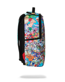 A spraground backpack at fresh n fitted featuring a dense, colorful cartoon character print, shown against a plain white background with a soft shadow underneath.