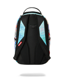 Back view of a Sprayground backpack featuring a black perforated center panel, black shoulder straps, and light blue side panels with floral patterns, set against a plain white background.