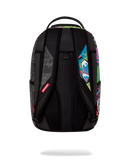 A black backpack shown from the back, featuring a colorful graffiti-style graphic print on the right side and a red brand tag on the lower left.