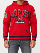 Red Pro Standard San Francisco 49ers team badge hoodie featuring chenille logo and comfortable hooded design.