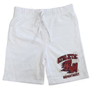 White shorts with red and black text on a white background