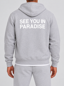 Men's SYIP See You in Paradise heavyweight zip-up hoodie in heather grey, showing front view with hood and full zipper.