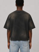 Black wash Syndicate Dreamer cropped T-shirt displayed flat with front view and rolled sleeves.