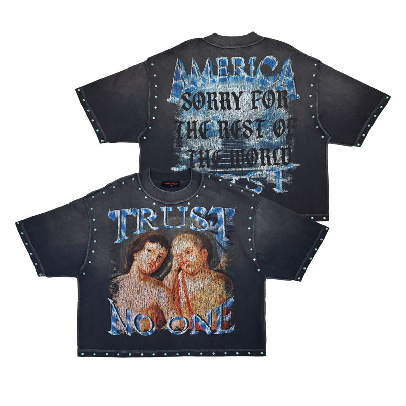 Rare Peace 'Trust No One' Oversized Rhinestone Cropped T-Shirt (Dk
