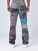 RARE PEACE 'Peace Is Power' All Over Print Flared Sweatpants in Grey