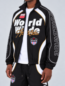 Men's black Copper Rivet 'World Wide' windbreaker zip-up jacket, front view showcasing the athletic design and sleek style.