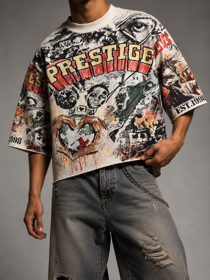 Prestige 'Street Rebels' Cropped T-Shirt In Cream | Fresh N Fitted