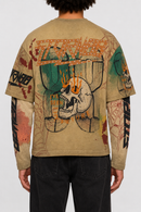 STORM88 HOKES Washed Long Sleeve Regular Graphic Fit Tee In Khaki ST8-020