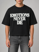 Black Mixed Emotion 'End' short-sleeve rhinestone shirt featuring mixed emotion-themed designs and sparkling embellishments.
